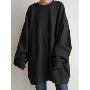 Women Puff Sleeve Crew Neck Solid Color Hem Long Sleeve Sweatshirts