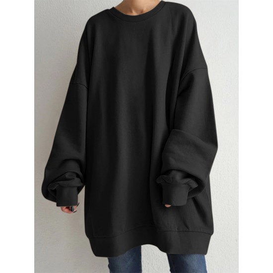 Women Puff Sleeve Crew Neck Solid Color Hem Long Sleeve Sweatshirts