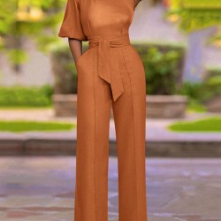 High Waist Solid Pocket Asymmetrical One Shoulder Jumpsuit