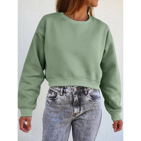 Women Thick Solid Puff Sleeve Solid Color O  Neck Full Sleeve Pullover Sweatshirt