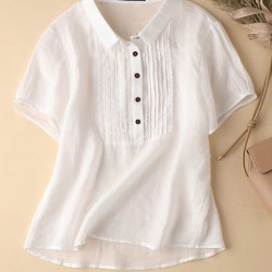 Solid Patchwork Button Lapel Short Sleeve Casual Blouse