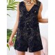 Plants Print Pocket Button Front Sleeveless V  neck Romper