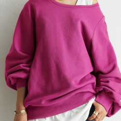 Women Puff Sleeve Solid Thick O  Neck Preppy Homely Sweatshirt