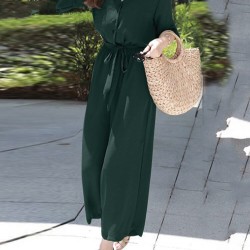 Solid Belt Pocket Button Ruffle Sleeve V  neck Jumpsuit