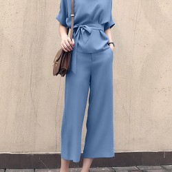 Solid Belt Pocket Rolled Sleeve Wide Leg Two Pieces Suit