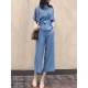 Solid Belt Pocket Rolled Sleeve Wide Leg Two Pieces Suit