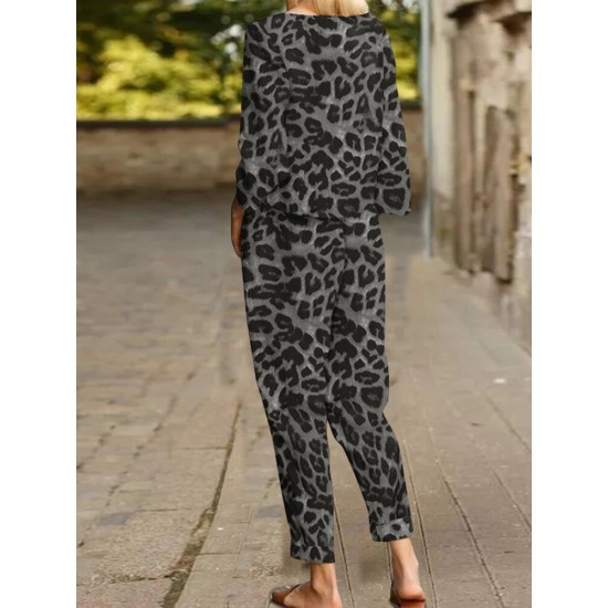 Leopard Print Pocket Tie Long Sleeve Elastic Waist Two Pieces Set