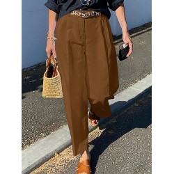 Women Zipper Pleated Commute Button Side Pocket Solid Casual Pants