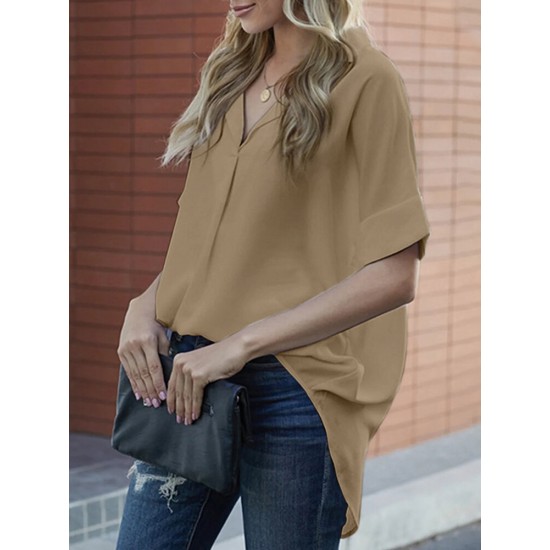 Solid Lapel Half Sleeve Casual Blouse