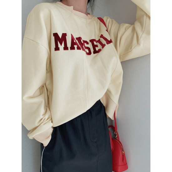 Women Solid Embroidery Words Casual Loose O  Neck Street Fashion Sweatshirt