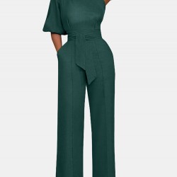 High Waist Solid Pocket Asymmetrical One Shoulder Jumpsuit