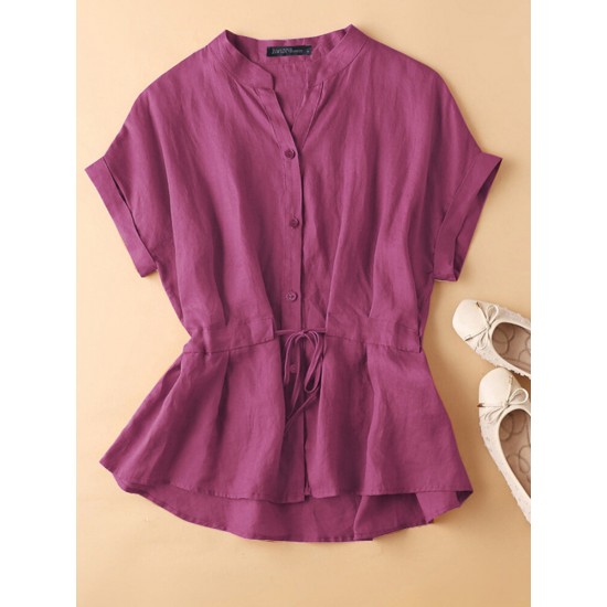 Solid Button Drawstring V Neck Roll Sleeve Casual Cotton Blouse