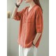 Solid Button Pocket V Neck Half Sleeve Casual Cotton Blouse