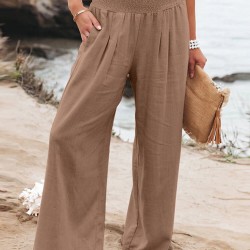 Leisure Solid Shirring Pocket Wide Leg Cotton Pants