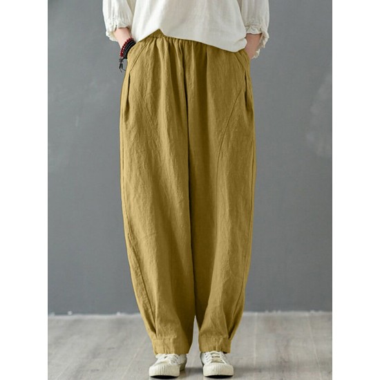 Solid Cotton Pocket Elastic Waist Casual Loose Pants