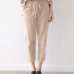 Leisure Solid Drawstring Pocket Cotton Casual Pants