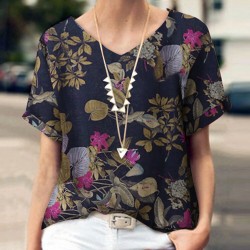 Plant Print V Neck Short Sleeve Casual Blouse