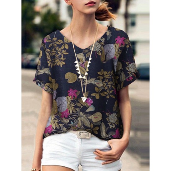 Plant Print V Neck Short Sleeve Casual Blouse