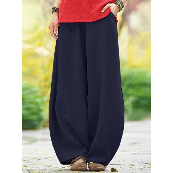 Solid Pocket Elastic Waist Cotton Casual Pants