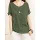 Solid Pocket Roll Short Sleeve Round Neck Casual Blouse