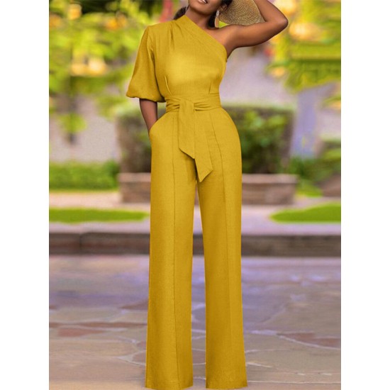 High Waist Solid Pocket Asymmetrical One Shoulder Jumpsuit