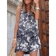 Plants Print Pocket Button Front Sleeveless V  neck Romper