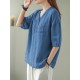 Solid Button Pocket V Neck Half Sleeve Casual Cotton Blouse