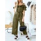 Solid Color Button Pocket Drawstring Off  shoulder Ruffle Casual Jumpsuit