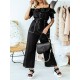 Solid Color Button Pocket Drawstring Off  shoulder Ruffle Casual Jumpsuit