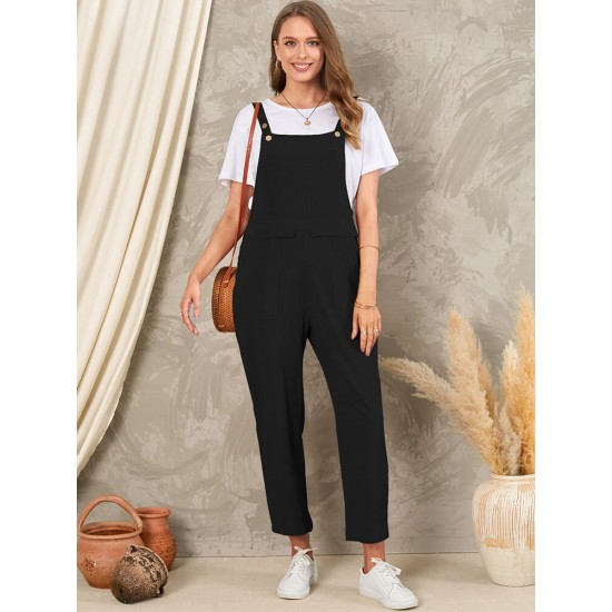 Solid Pocket Sleeveless Button Casual Jumpsuit For Women