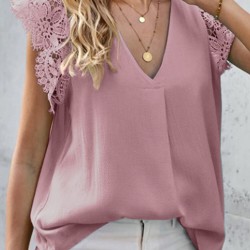 Solid Lace Patchwork V Neck Casual Blouse