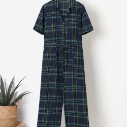 Plaid Print Button Pocket Short Sleeve Wide Leg Jumpsuit