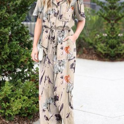 Floral Print Button Pocket Short Sleeve Wide Leg Jumpsuit