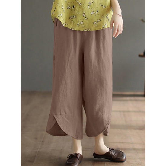 Solid Asymmetrical Hem Pocket Wide Leg Crop Pants