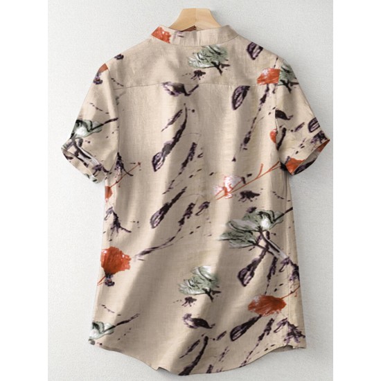 Random Flower Print Button Short Sleeve V  neck Blouse