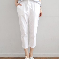 Leisure Solid Drawstring Pocket Cotton Casual Pants