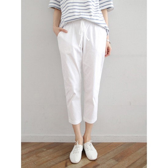 Leisure Solid Drawstring Pocket Cotton Casual Pants