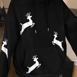 Women Christmas Printed Antler Fleece Thick Casual Hooded Sweatshirt