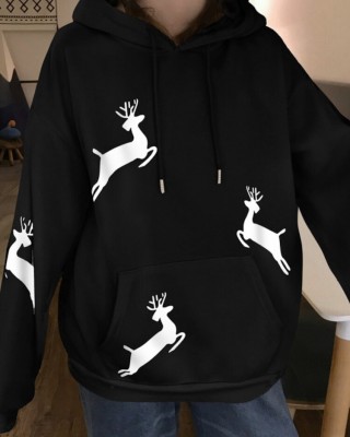 Women Christmas Printed Antler Fleece Thick Casual Hooded Sweatshirt