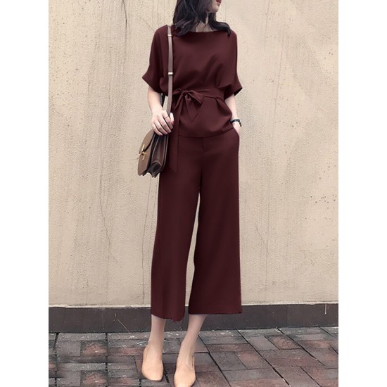 Solid Belt Pocket Rolled Sleeve Wide Leg Two Pieces Suit