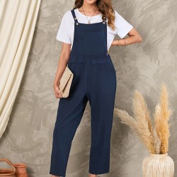 Solid Pocket Sleeveless Button Casual Jumpsuit For Women