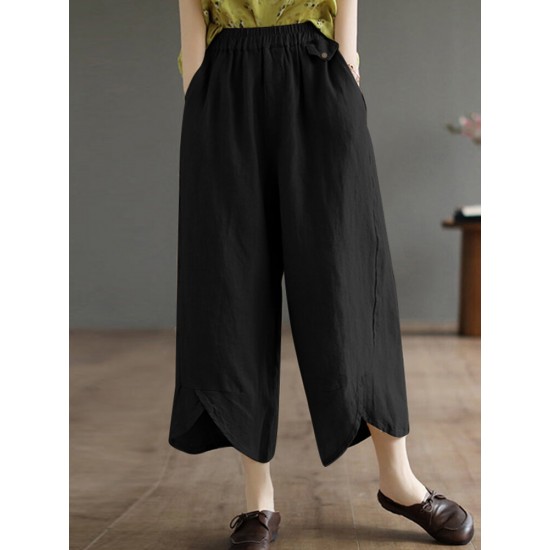 Solid Asymmetrical Hem Pocket Wide Leg Crop Pants