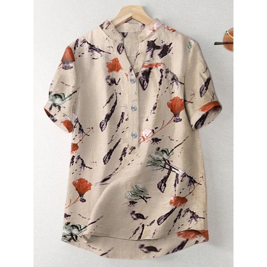 Random Flower Print Button Short Sleeve V  neck Blouse