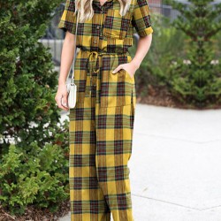 Plaid Print Button Pocket Short Sleeve Wide Leg Jumpsuit