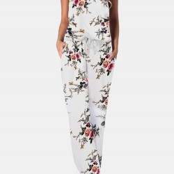 Flower Print Drawstring Pocket Strap Jumpsuit For Women