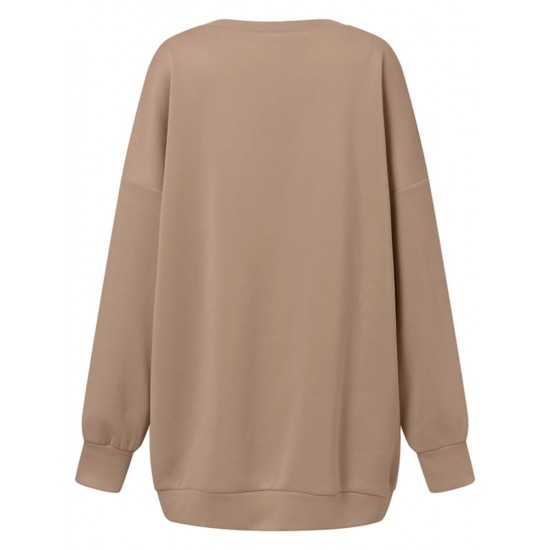 Women Puff Sleeve Crew Neck Solid Color Hem Long Sleeve Sweatshirts