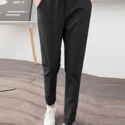 Solid Pocket Drawstring Elastic Waist Casual Tapered Pants