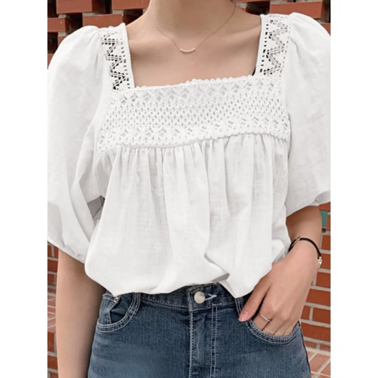 Solid Lace Patchwork Square Collar Short Sleeve Casual Cotton Blouse