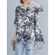 Plant Print Split V Neck High  Low Hem Cotton Casual Blouse