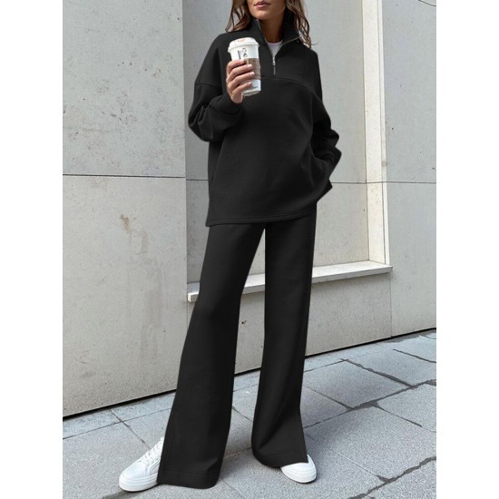 Women Turtleneck Solid Color Ankle Length Zipper Elastic Waist Two  Piece Sets